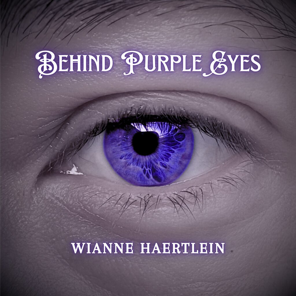 A eye with a purple iris staring straight at you.